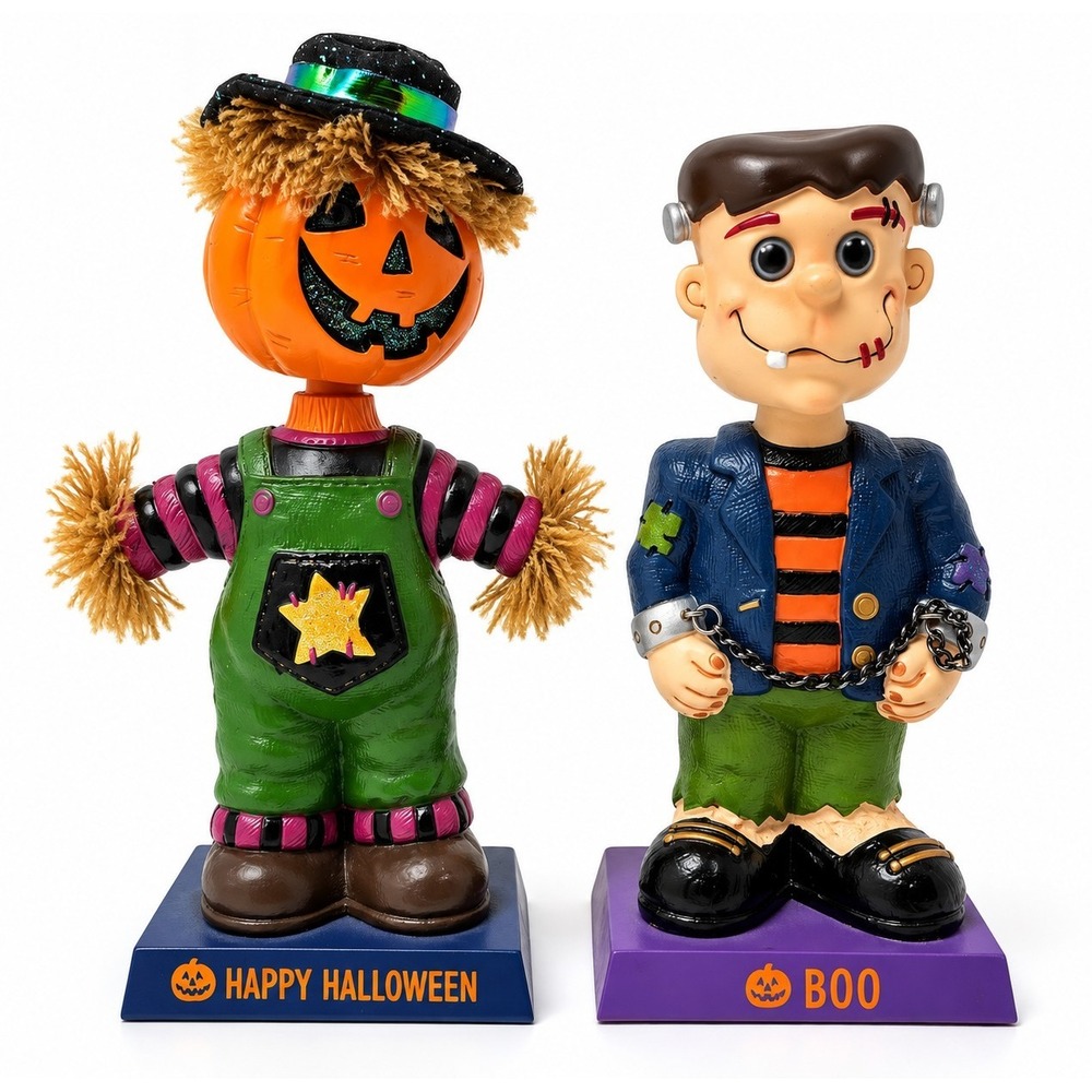 Russ Berrie Trick N Treat Halloween Bobbleheads Pumpkin Frankenstein 26786 Pair